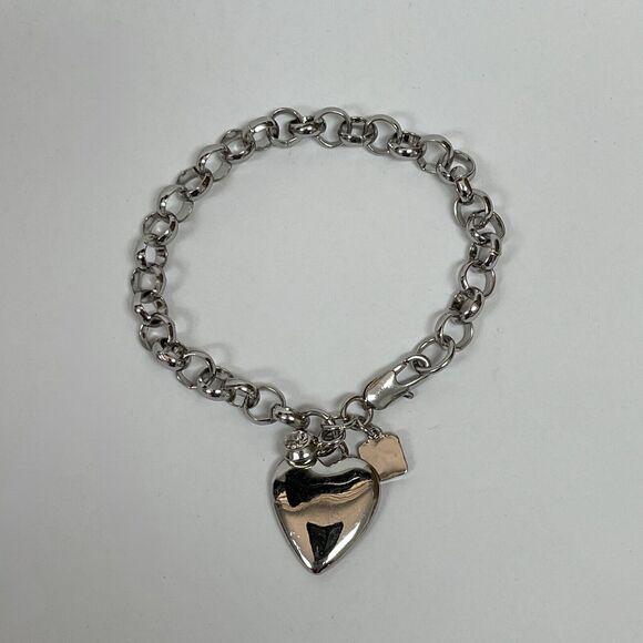 PL Silver-tone Heart Rhinestone Women's Fashion Links Chain Charm Bracelet NWOT - Picture 1 of 4